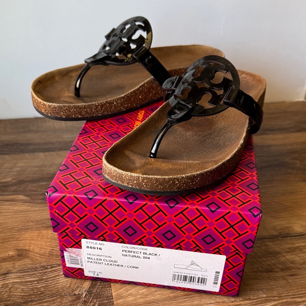 Tory Burch Miller Cloud Black Patent Sandals - Picture 2 of 6